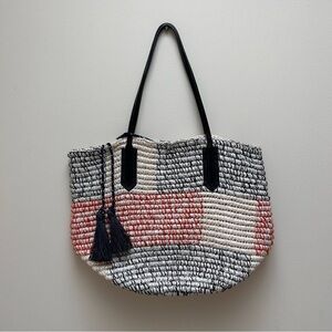 J.Crew NWT Stylish Woven Tassel Tote Bag - Navy Blue, White, and Red